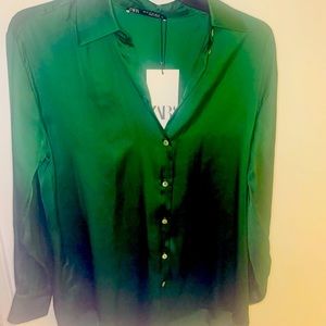 Green silk Zara button up shirt